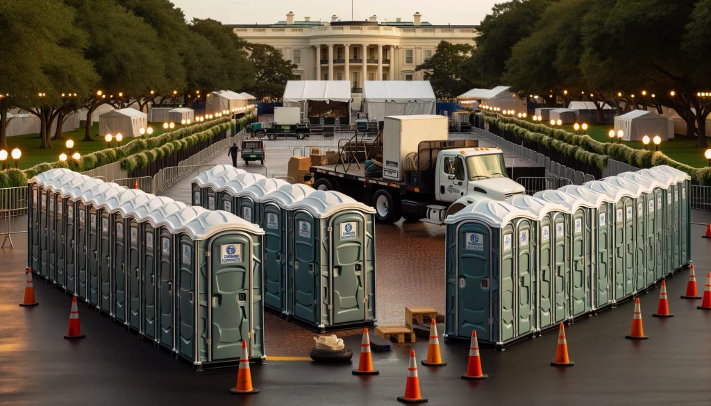 Portable restrooms lined up for an outdoor festival event