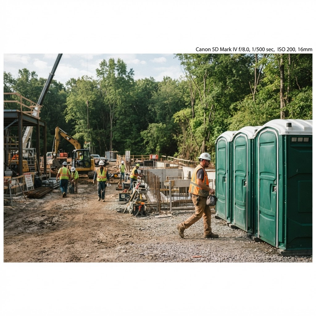 Construction crew using portable toilets on a job site