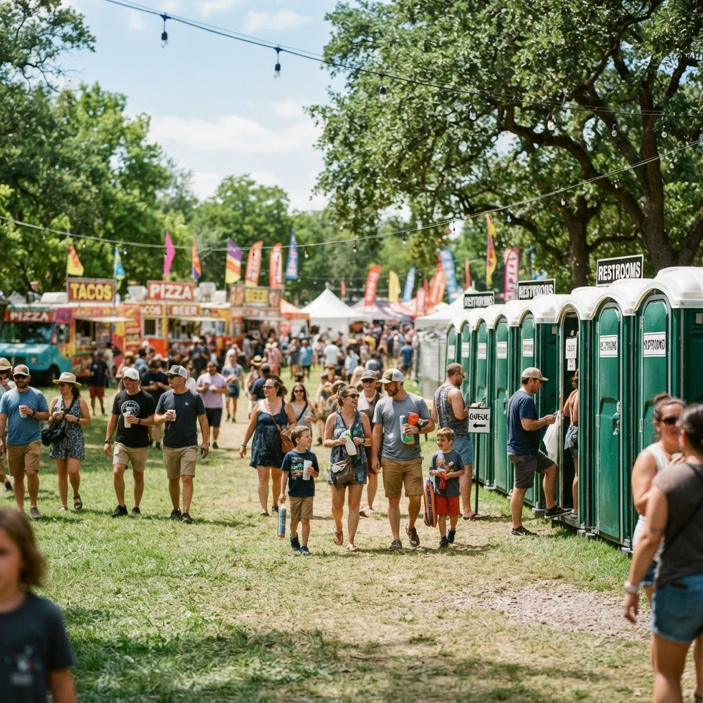Festival attendees walking past a row of green portable restrooms