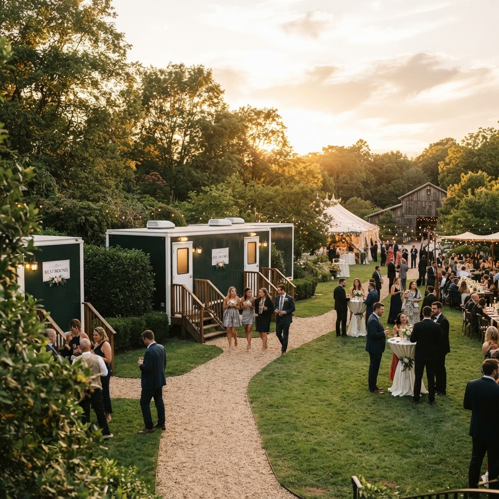 Wedding guests walking past luxury restroom trailers on a green lawn