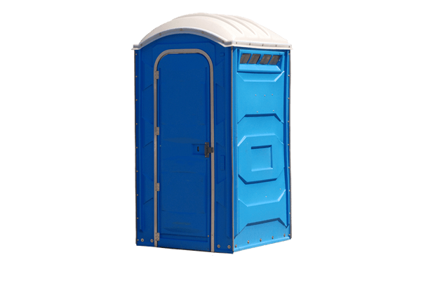 Row of standard green portable toilets set up outdoors for rent in Lorain, Ohio